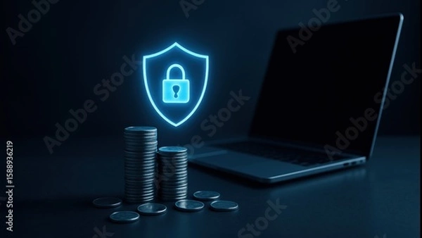 Fototapeta A laptop with stack of coins and glowing shield icon representing digital security, tech focused atmosphere, bank safety and protection