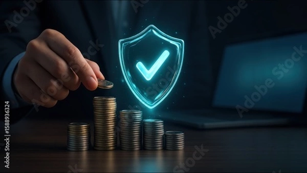 Fototapeta Hand adds coin to a stack with a glowing digital shield above, surrounded by soft light particles, symbolizing trust and security in digital finance, bank safety and protection