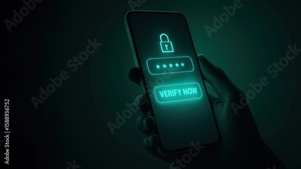 Fototapeta A hand holds a smartphone with a verify now message and glowing password field, bank safety and protection