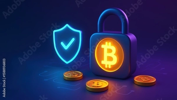 Fototapeta 3d scene with a large metallic lock and glowing bitcoin symbol with golden coins surrounded by soft neon lighting, bank safety and protection