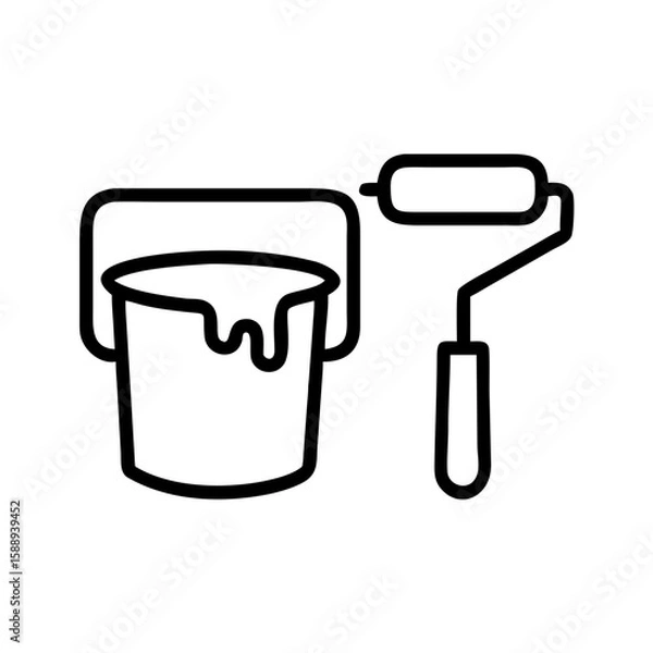 Fototapeta Paint roller and bucket with dripping paint for home improvement, minimalistic black line drawing