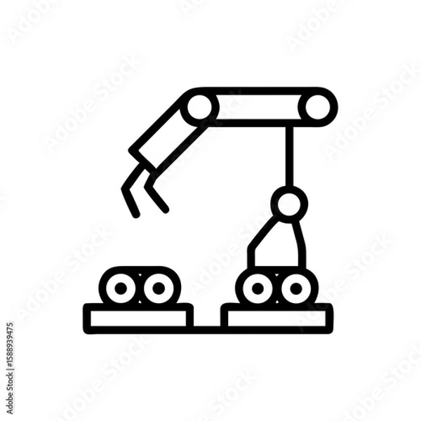 Fototapeta Assembly line icon with robotic arm for manufacturing and automation, minimalistic black line drawing