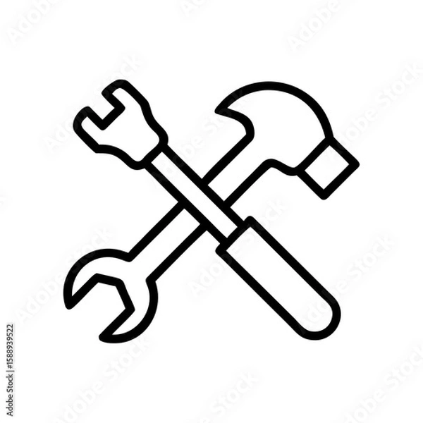 Fototapeta Crossed construction tools including wrench and hammer, minimalistic black line drawing
