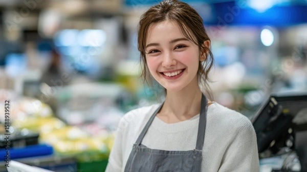 Fototapeta スーパーマーケットで優しく微笑む美しいアジア人女性店員