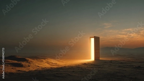 Fototapeta Open door in desert, glowing light