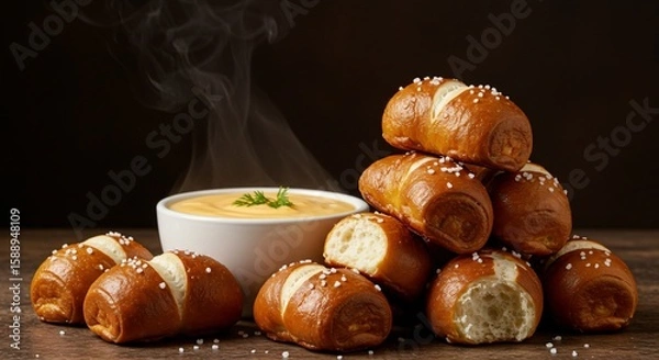 Fototapeta Appetizing Soft Pretzel Bites with Steaming Cheese Dip for Irresistible Deliciousness Experience