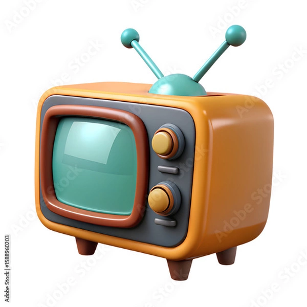 Fototapeta A retro orange television with green screen and antenna evokes nostalgia for classic media isolated on transparent background