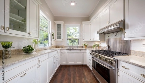 Fototapeta small all white kitchen with shaker style cabinets and clear countertops