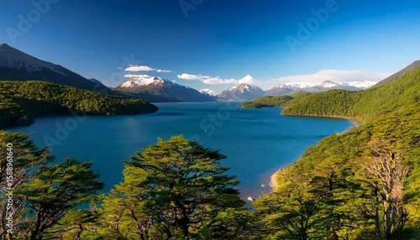 Fototapeta lake norquinco nestled amidst rolling forested hills with distant mountain ranges of los andes patagonia argentina