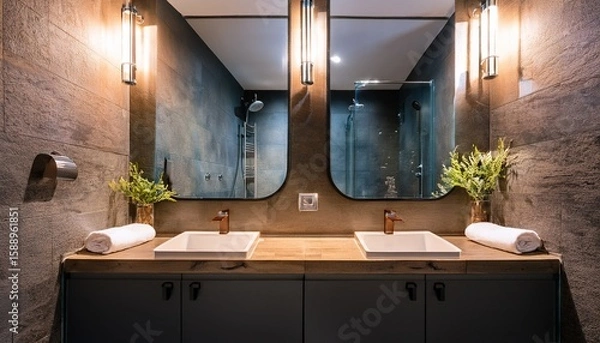 Fototapeta nice and moody bathroom with double sinks with shower showing in the mirror