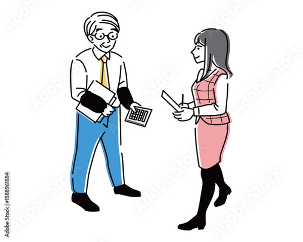 Obraz 金融関係の仕事をする事務員の男性と、事務仕事をする制服姿の女性のイラスト