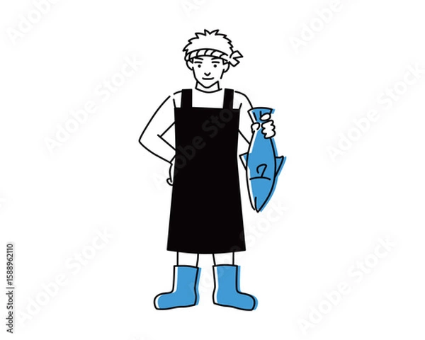 Obraz 大きな魚一尾を掲げる男らしい魚屋さんのイラスト