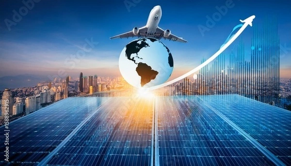 Fototapeta global and economic concept a plane flying over a financial graph with a city skyline in the background