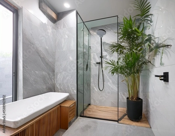 Fototapeta modern spa shower lifestyle image white and gray marble tile shower with glass door and matte black hardware bamboo shower bench and plants