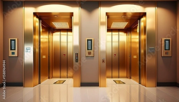 Fototapeta golden lift doors office hallway with closed half closed and open elevator cabins realistic empty interior with passenger or cargo lifts with button panel and floor indicator on wall