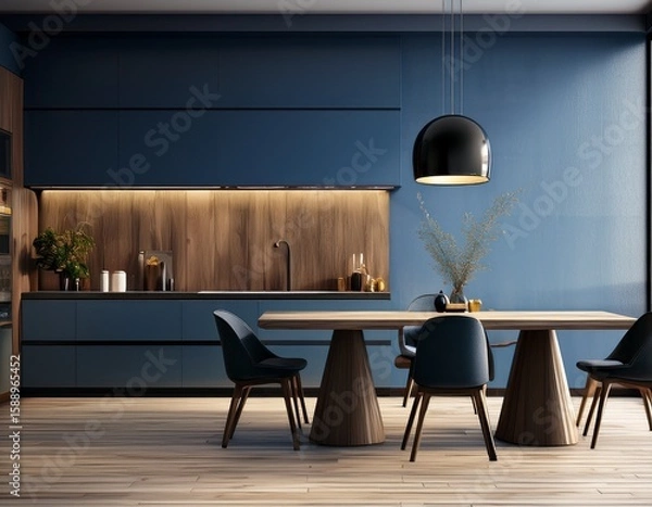 Fototapeta modern dark blue kitchen with wooden dinning table and contemporary chair with black lamp and wood floor 3d render