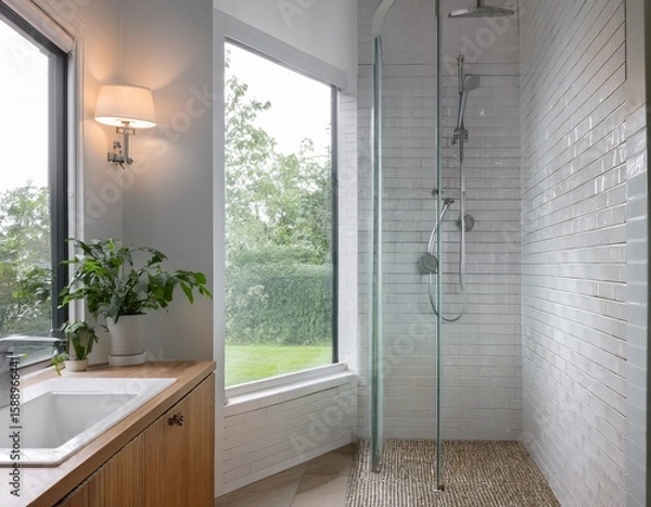 Fototapeta interior of a modern home in the netherlands rain shower and white tiles in the bath room