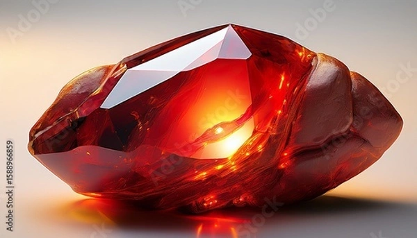 Fototapeta fiery red carnelian on a soft white surface warm translucent glow premium gemstone aesthetic