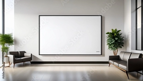 Fototapeta a photo of a large white wall with an empty frame in the waiting room with a clean and modern minimalist design