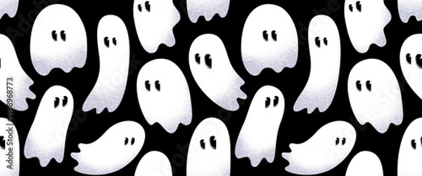 Fototapeta Seamless pattern with white cartoon Halloween ghosts. Minimalist hand drawn modern playful spirit silhouettes with grainy halftone texture. Vector texture for wallpaper, background, print, fabric. 