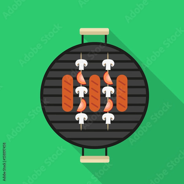 Obraz Images of the grill on which fried sausages, mushrooms and tomatoes. View from above. Flat design
