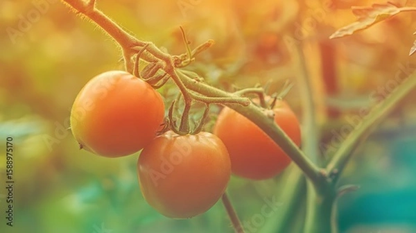 Fototapeta Close-up of three ripe tomatoes on vine, warm autumn tones against soft farm backdrop.