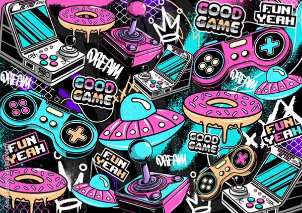Fototapeta Graffiti gaming background vector  illustration. Colorful Retro video game elements in graffiti style