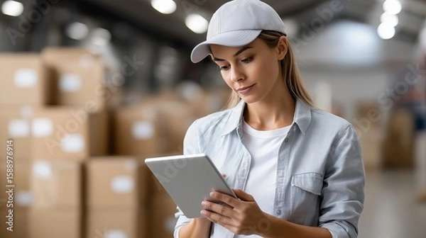 Fototapeta Warehouse worker checking inventory on tablet during daytime operations