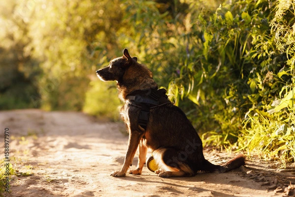 Fototapeta a mongrel taken in the early morning on the road with a backlight