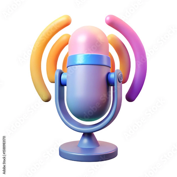 Obraz 3D illustration of a microphone with sound waves, symbolizing podcasting or audio broadcasting on transparent background
