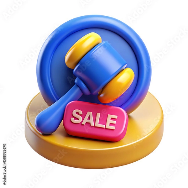Obraz 3D illustration of a gavel with "SALE" tag on a golden base representing online auction or sale concept on transparent background
