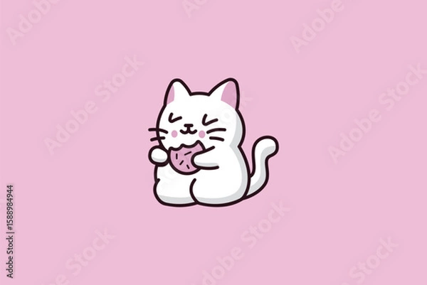 Fototapeta A charming, whimsical logo featuring a cute cat gently holding or nibbling a delicious cookie. Conveys warmth, comfort, coziness, and a touch of playful indulgence, perfect for cafes or bakeries.