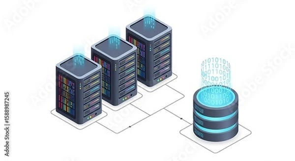 Fototapeta Isometric illustration of data servers and database for cloud computing and networking