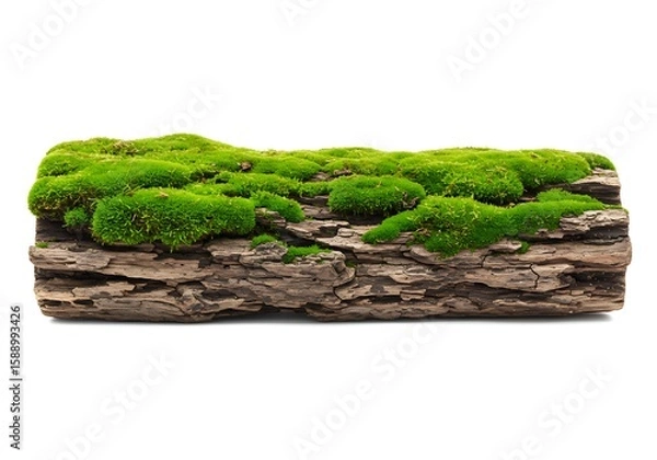 Fototapeta A textured weathered wooden log covered in lush green moss isolated on white background