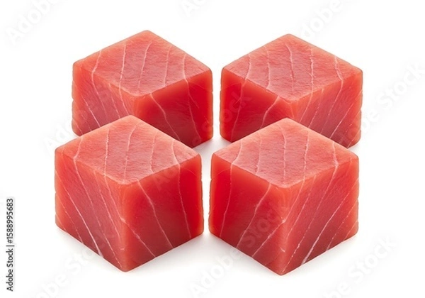Fototapeta Four raw tuna cubes with visible texture isolated on white background