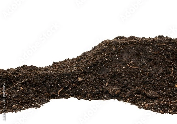 Fototapeta A pile of dark rich soil with small white perlite particles and roots isolated on white background