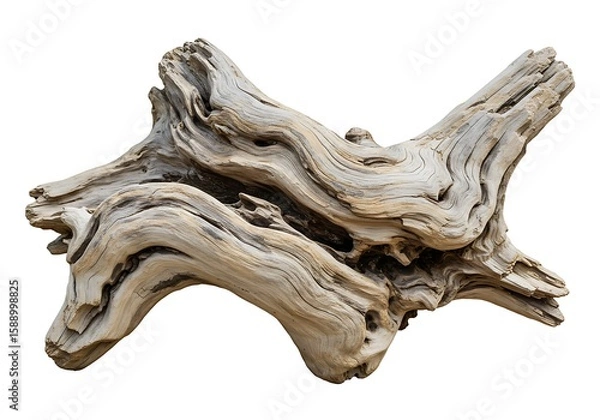 Fototapeta Gnarly weathered driftwood with intricate curves and texture isolated on white background