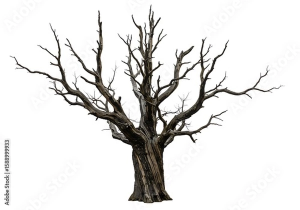Fototapeta Gnarly ancient dead tree with twisted branches and rough bark isolated on white background