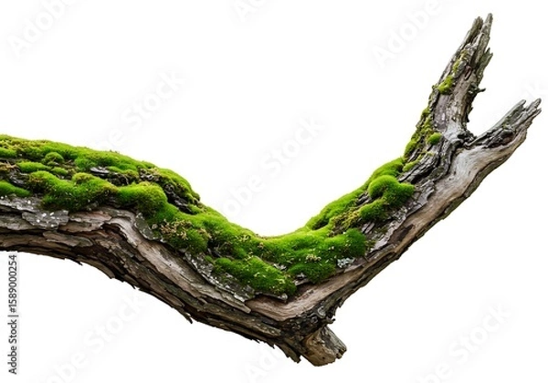 Fototapeta Close up of a weathered tree branch covered in lush green moss isolated on white background