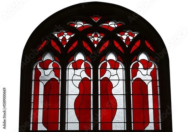 Fototapeta Gothic arch stained glass window with red and white pattern isolated on white background