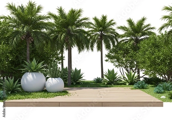 Fototapeta Lush tropical garden with palm trees and modern planters isolated on white background