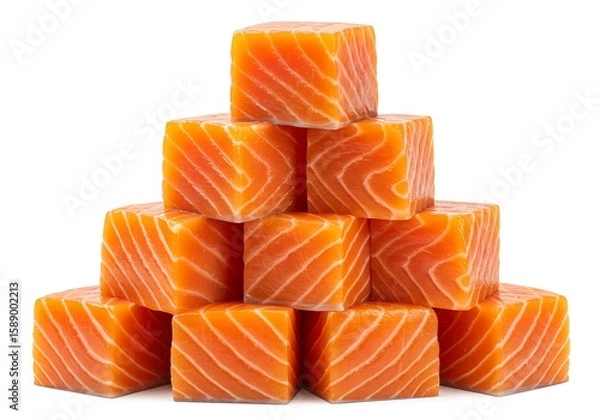 Fototapeta Fresh raw salmon cubes stacked in a pyramid shape isolated on white background