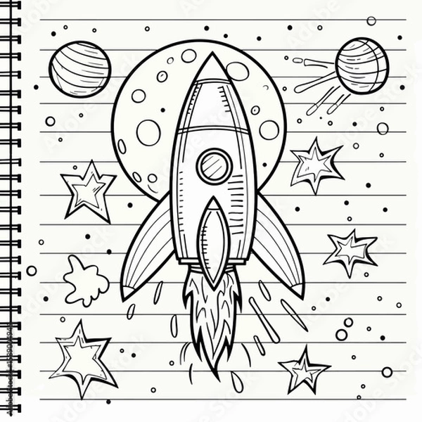Fototapeta A hand-drawn sketch of a rocket launching in space. A creative concept design on a notebook background with moon and stars. Space adventure coloring page for kids.