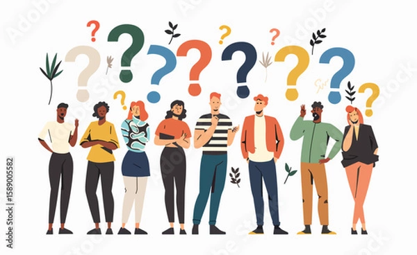 Fototapeta People under question marks convey uncertainty, curiosity, and questions. Represents brainstorming, problem-solving, and seeking answers.