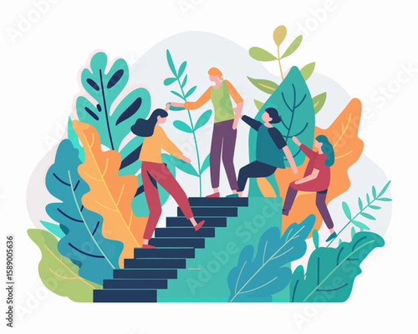 Fototapeta People helping each other climbing stairs to growth, cooperation, assistance, team. Support and teamwork in business vector illustration. Teamwork with team building, reaching goal.