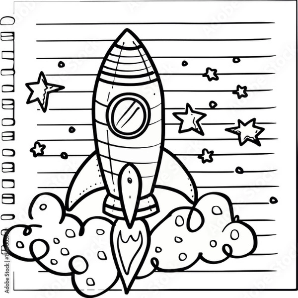 Fototapeta Cartoon drawing of a rocket launching into space, set against a lined notebook page. The rocket surrounded by stars and clouds in a hand drawn style. Ideal for children's designs.