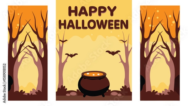 Fototapeta Happy halloween scene with cauldron, bats, and bare trees in a spooky forest landscape style design