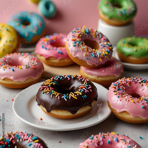 Fototapeta Colorful Donuts with Icing and Sprinkles on Plates
