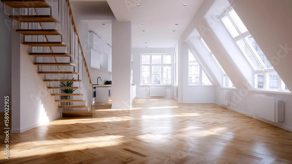 Obraz Triangular light beams in a contemporary loft space with polished floorboards