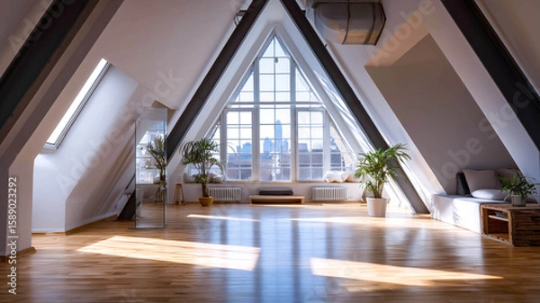 Obraz Triangular light beams in a contemporary loft space with polished floorboards